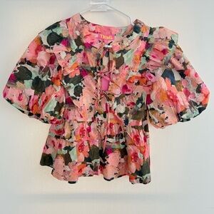 NWT THML Multicolor Puffy Sleeve Short Sleeve Top size XS 100% cotton